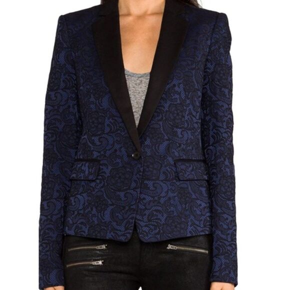 BCBGmaxazria Philipe Tuxedo Blazer Jacket Blue with Black Lace Satin Medium - Picture 1 of 14